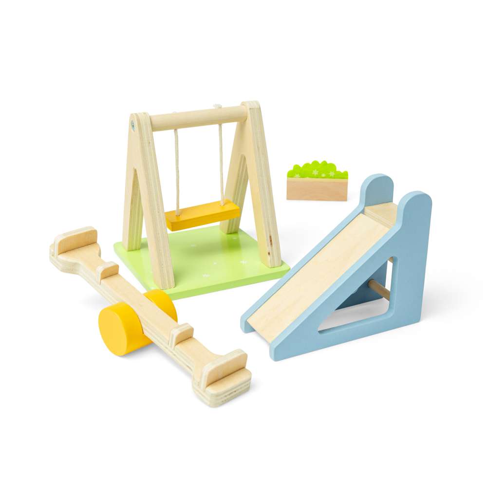 Bigjigs Toys Wooden Dolls House Garden Furniture Set with Swing Slide and Seesaw