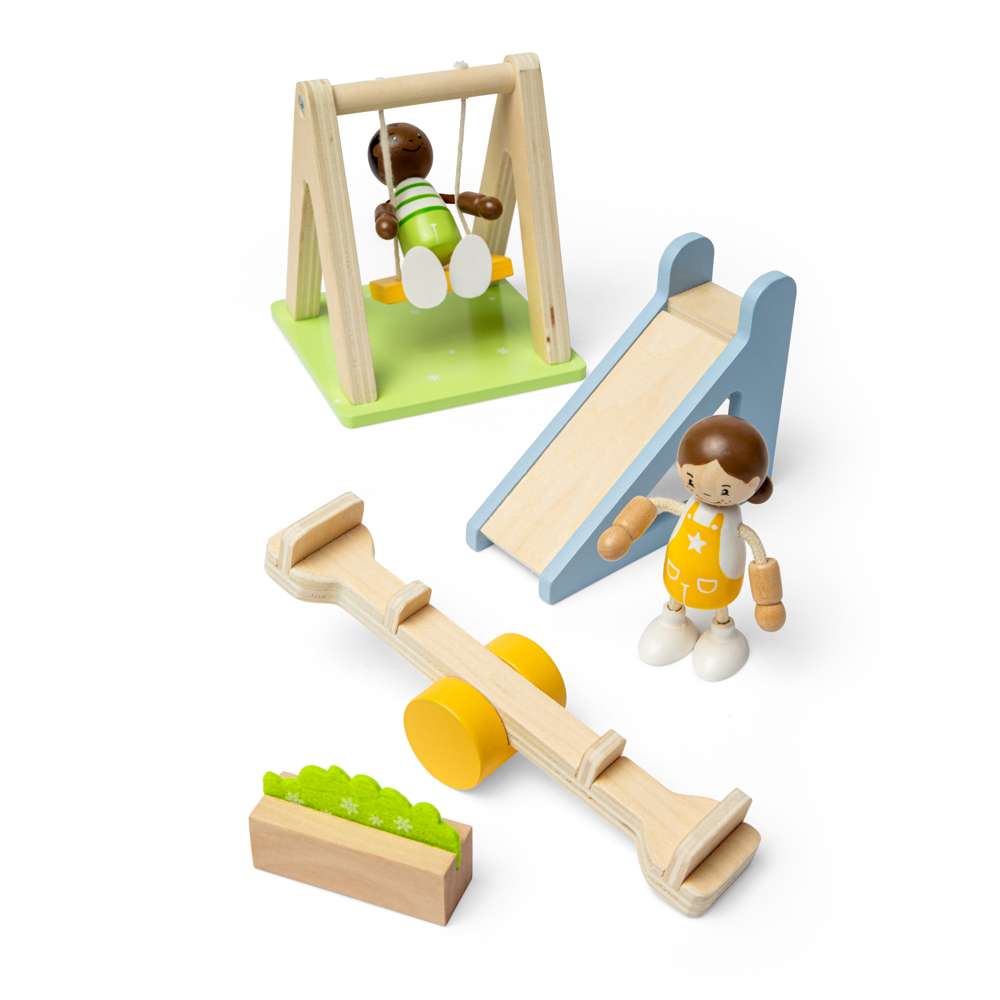 Bigjigs Toys Wooden Dolls House Garden Furniture Set with Swing Slide and Seesaw