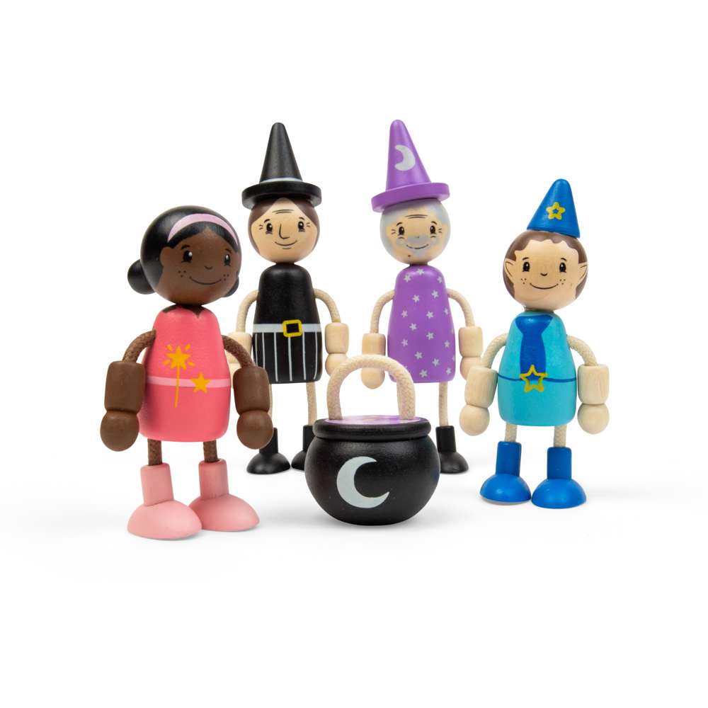 Bigjigs Toys Wooden Fairytale Dolls Playset with 4 Posable Figures and Cauldron Accessory
