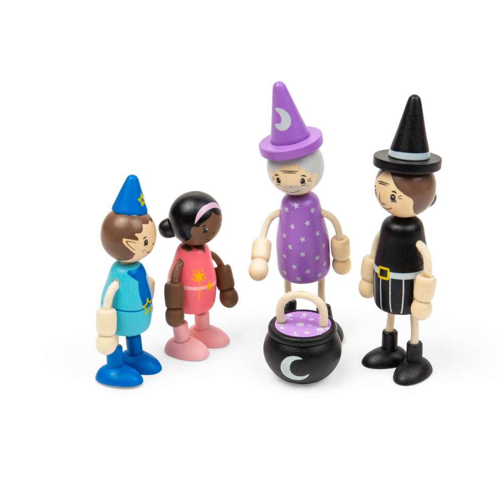 Bigjigs Toys Wooden Fairytale Dolls Playset with 4 Posable Figures and Cauldron Accessory
