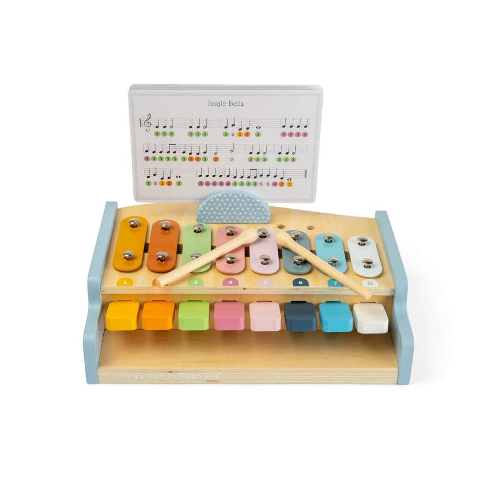 Bigjigs Toys Wooden Xylo Piano Musical Toy with 8 Pieces and Music Sheets
