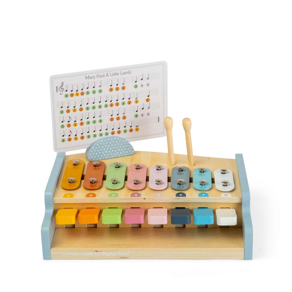 Bigjigs Toys Wooden Xylo Piano Musical Toy with 8 Pieces and Music Sheets