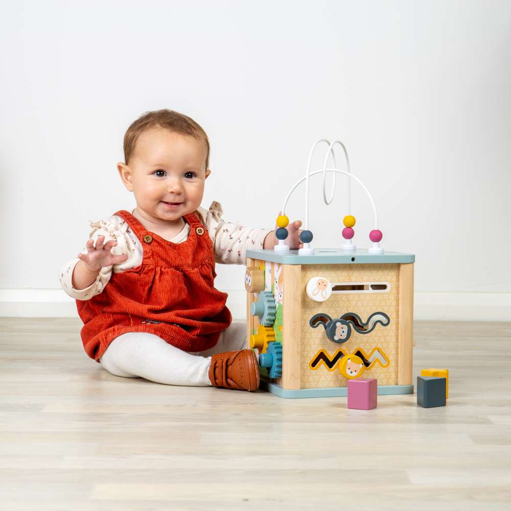 Bigjigs Toys Wooden Activity Cube Simply Scandi Baby Toy with Bead Maze and Shape Sorter