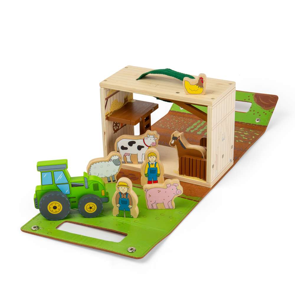 Bigjigs Toys Farm On The Go Wooden Travel Playset with Tractor and Animals 8 Pieces