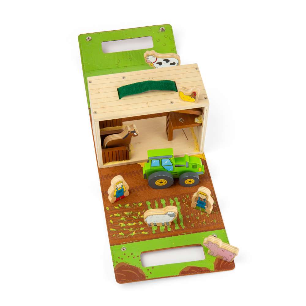 Bigjigs Toys Farm On The Go Wooden Travel Playset with Tractor and Animals 8 Pieces