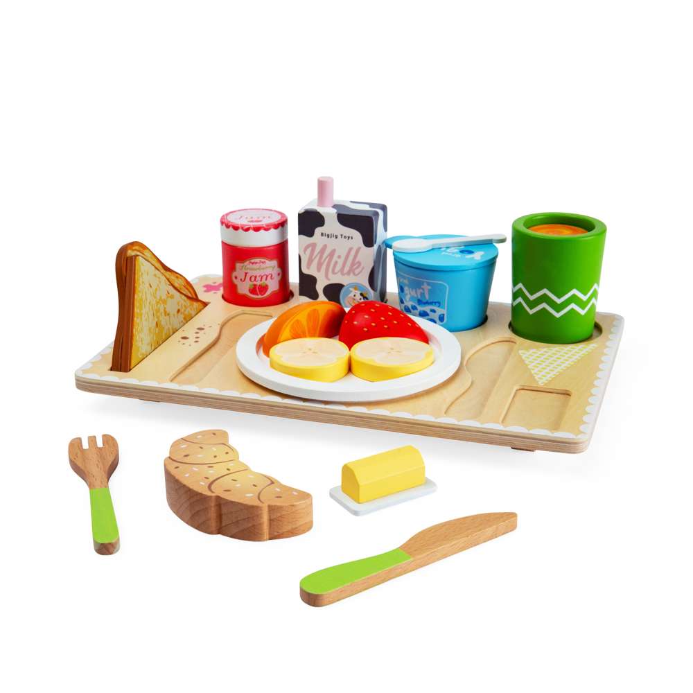 Bigjigs Toys Wooden Breakfast in Bed Tray Set with 28 Play Food Pieces