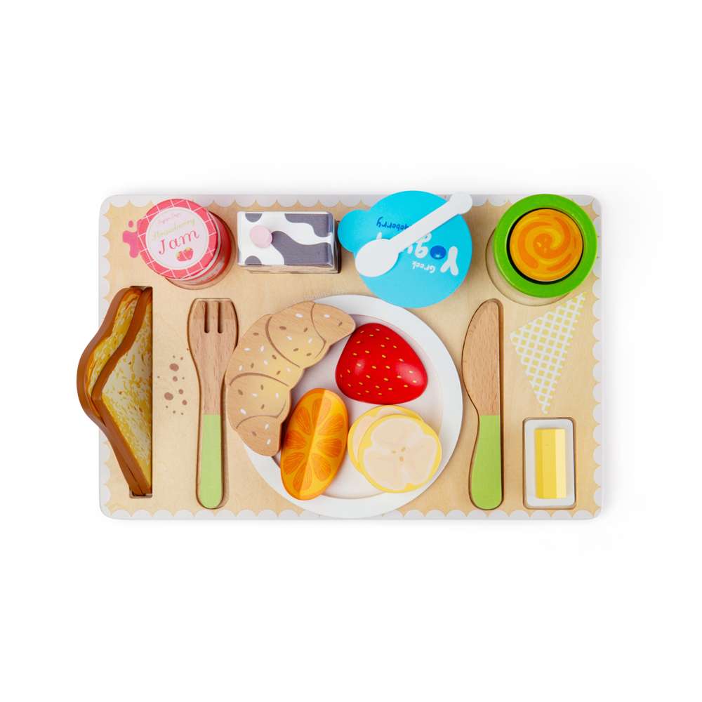 Bigjigs Toys Wooden Breakfast in Bed Tray Set with 28 Play Food Pieces