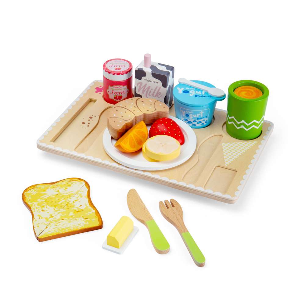 Bigjigs Toys Wooden Breakfast in Bed Tray Set with 28 Play Food Pieces