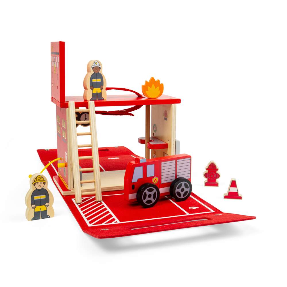 Bigjigs Toys Wooden Fire Station On The Go Portable Travel Playset with 8 Pieces