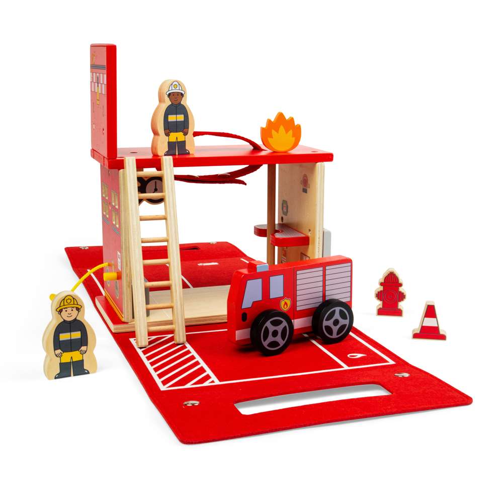 Bigjigs Toys Wooden Fire Station On The Go Portable Travel Playset with 8 Pieces