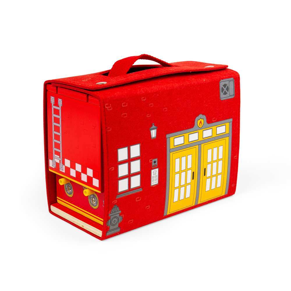 Bigjigs Toys Wooden Fire Station On The Go Portable Travel Playset with 8 Pieces