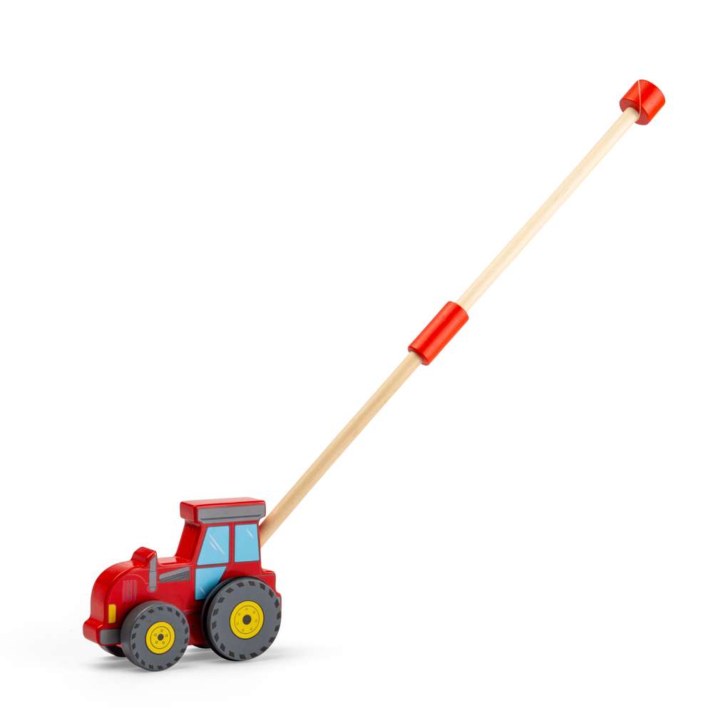 Bigjigs Toys Wooden Tractor Push Along Toy with Collapsible Handle for Toddlers 12 Months Plus