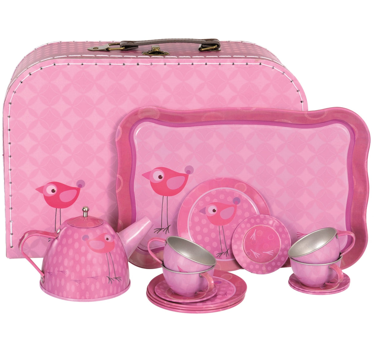 Pink Bird Tin Tea Set in a Case