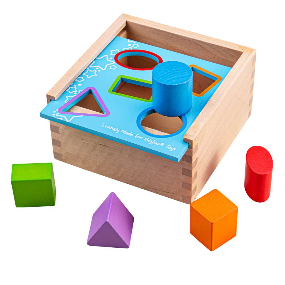 Bigjigs Baby Wooden Shape Sorter Posting Box with 6 Play Pieces
