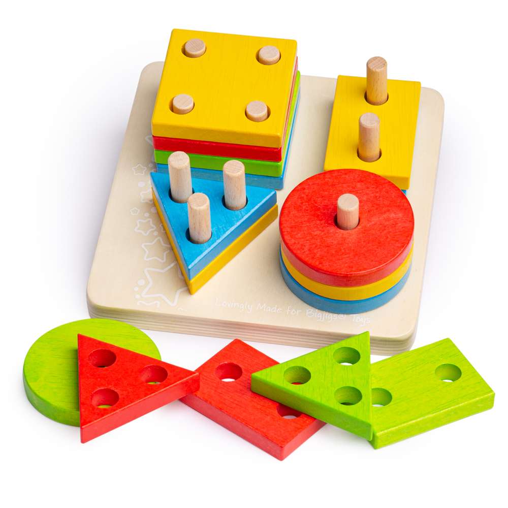 Bigjigs Baby First Four Shape Sorter Wooden Educational Toy with 17 Play Pieces