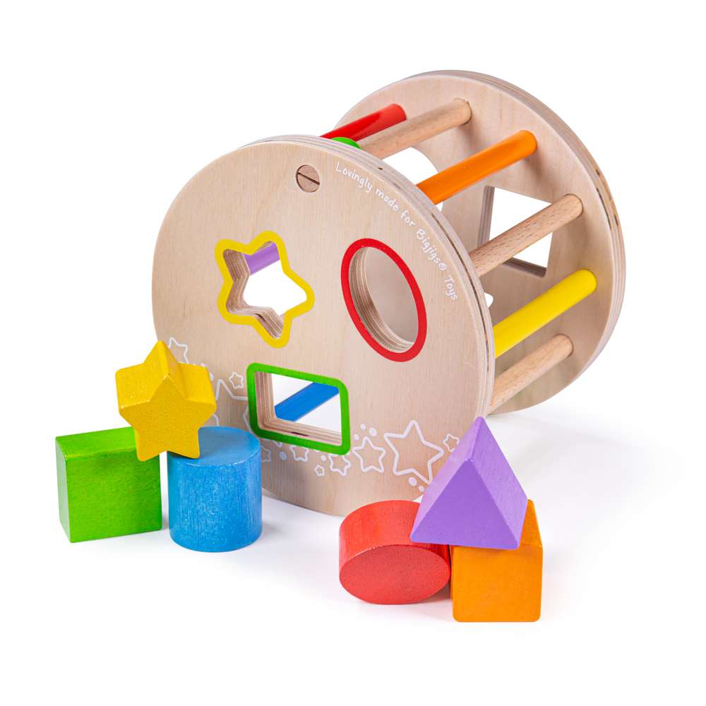 Bigjigs Baby Wooden Rolling Shape Sorter Toy with 7 Play Pieces 12 Months Plus
