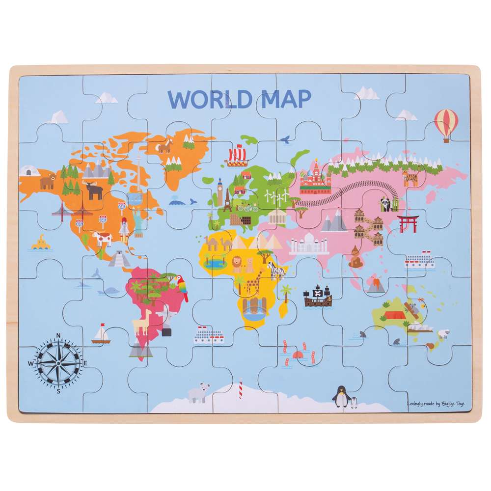 Bigjigs Toys World Map Wooden Educational Jigsaw Puzzle 35 Pieces