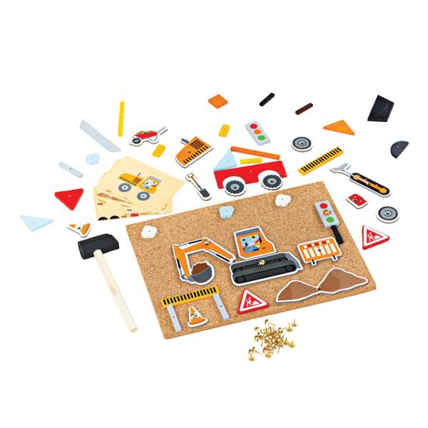 Bigjigs Toys Pin-a-Shape Construction Art Board with Wooden Shapes Hammer and Pins