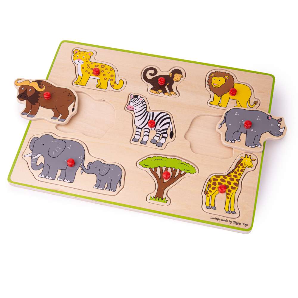 Bigjigs Toys Wooden Safari Animal Shape Sorting Puzzle 9 Pieces