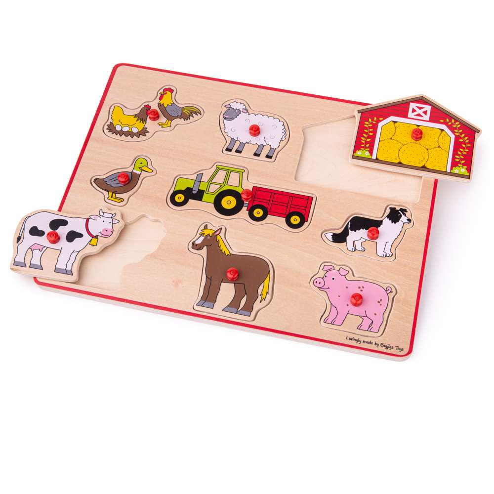Bigjigs Toys Wooden Farm Puzzle for Toddlers 9 Pieces Educational Shape Matching Toy