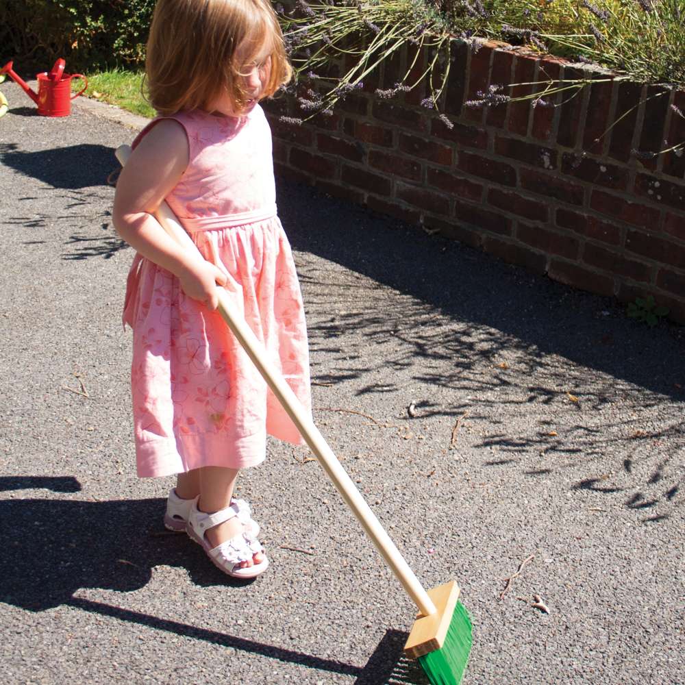 Bigjigs Toys Long Handled Kids Garden Broom 86cm Green Bristles 3 Years Plus