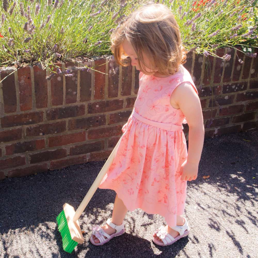 Bigjigs Toys Long Handled Kids Garden Broom 86cm Green Bristles 3 Years Plus