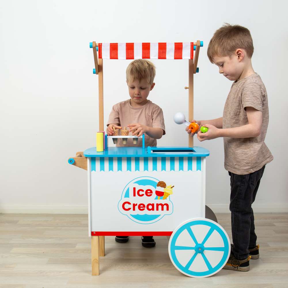 Bigjigs Toys Wooden Ice Cream Cart Pretend Play Set with 18 Accessories 3 Years Plus