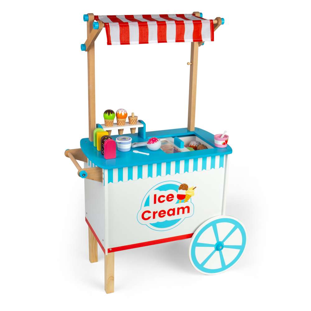 Bigjigs Toys Wooden Ice Cream Cart Pretend Play Set with 18 Accessories 3 Years Plus