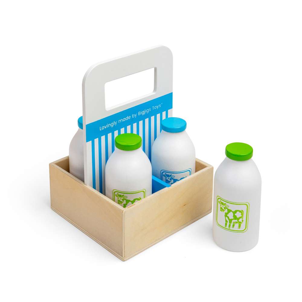 Bigjigs Toys Wooden Milkman Delivery Set in Crate with 6 Pieces