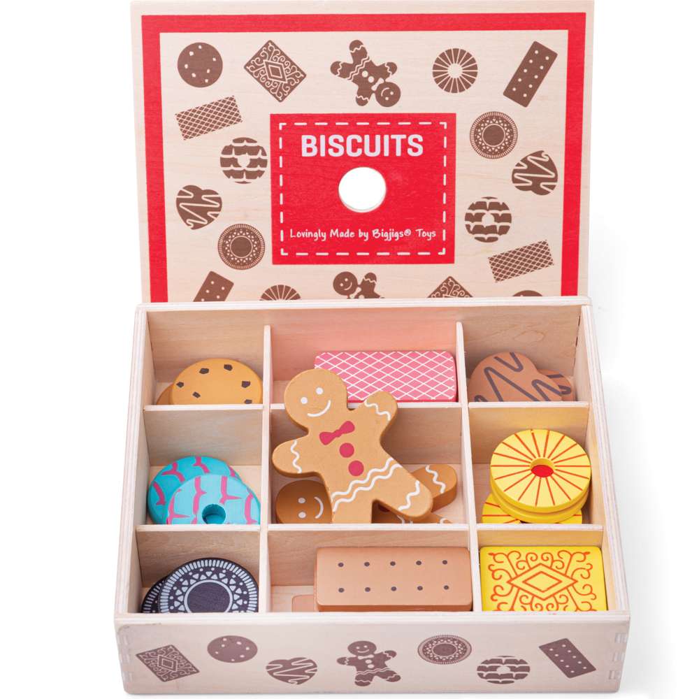 Bigjigs Toys Wooden Biscuit Box Toy Food Set with 16 Pieces 3 Years+