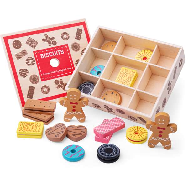 Bigjigs Toys Wooden Biscuit Box Toy Food Set with 16 Pieces 3 Years+