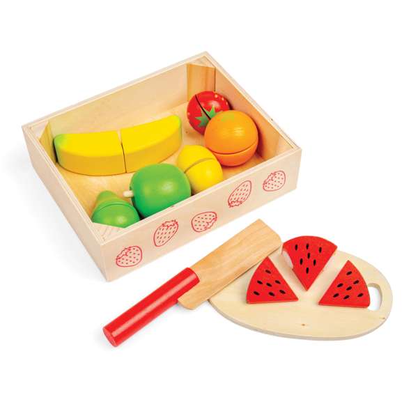 Bigjigs Toys Wooden Cutting Fruit Crate Play Food Set with Knife and Board 9 Pieces