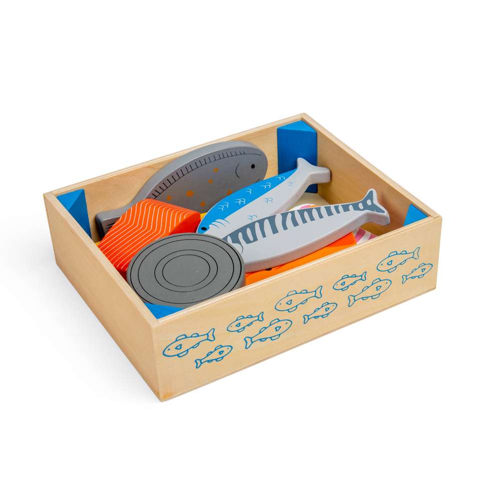 Bigjigs Toys Wooden Fish Crate Play Food Set 9 Pieces