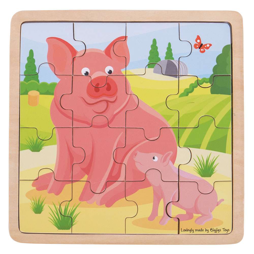 Bigjigs Toys Wooden Pig and Piglet Educational Chunky Puzzle 16 Pieces