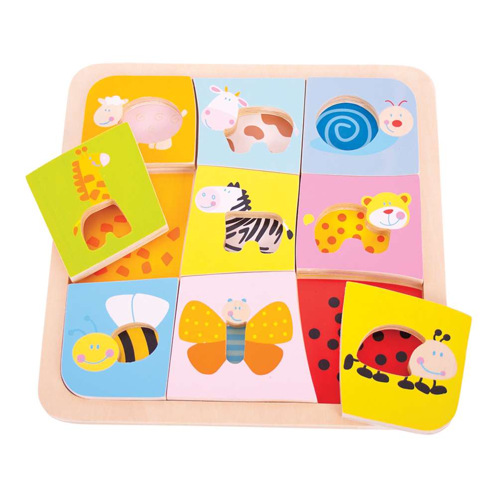 Bigjigs Toys Wooden Animal Puzzle for Toddlers 9 Pieces Educational Shape and Colour Matching Toy