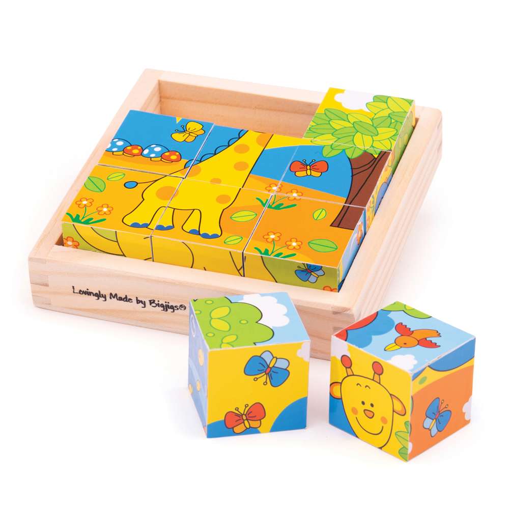 Bigjigs Toys Wooden Safari Cube Puzzle 9 Pieces 6 Designs 18 Months+
