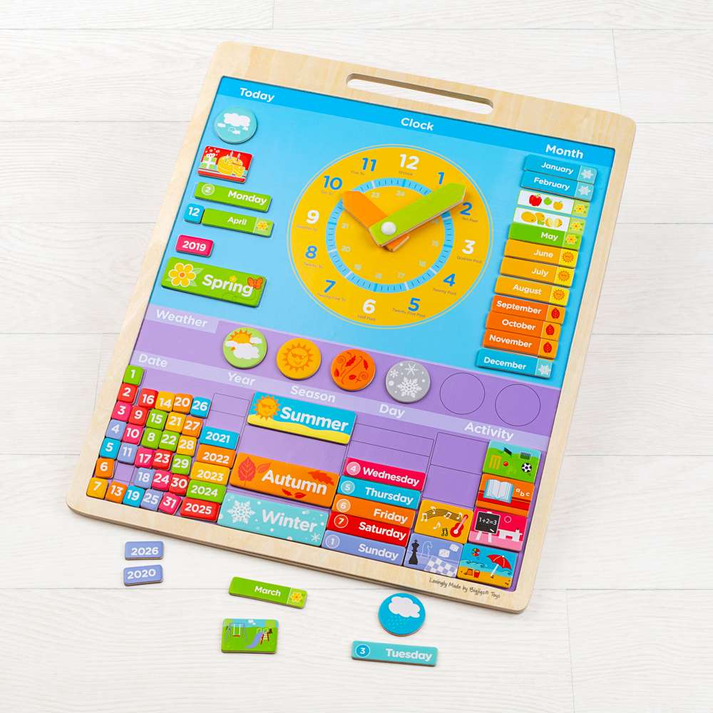 Bigjigs Toys Magnetic Weather Board Educational Calendar Clock Toy with 73 Pieces