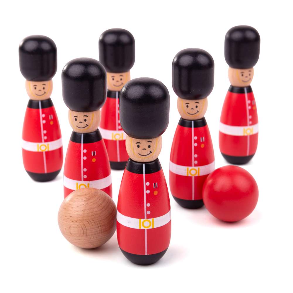 Bigjigs Toys Guardsman Wooden Skittles Game with 6 Pins and 1 Ball for Kids 2 Years Plus