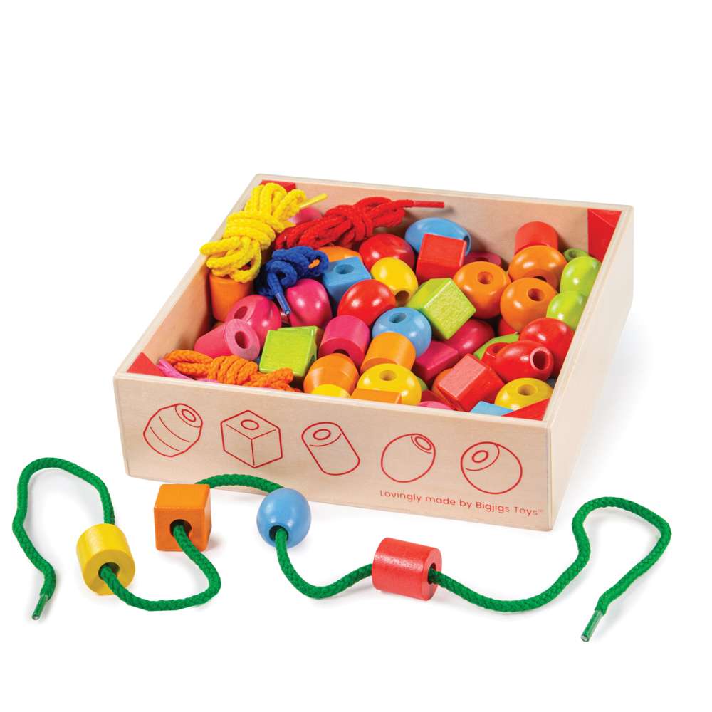 Bigjigs Toys Wooden Crate of Lacing Beads with 90 Beads and 6 Laces