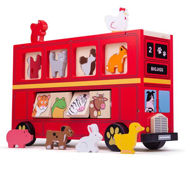 Bigjigs Toys Wooden Red Shape Sorter Bus with 21 Animal Play Pieces