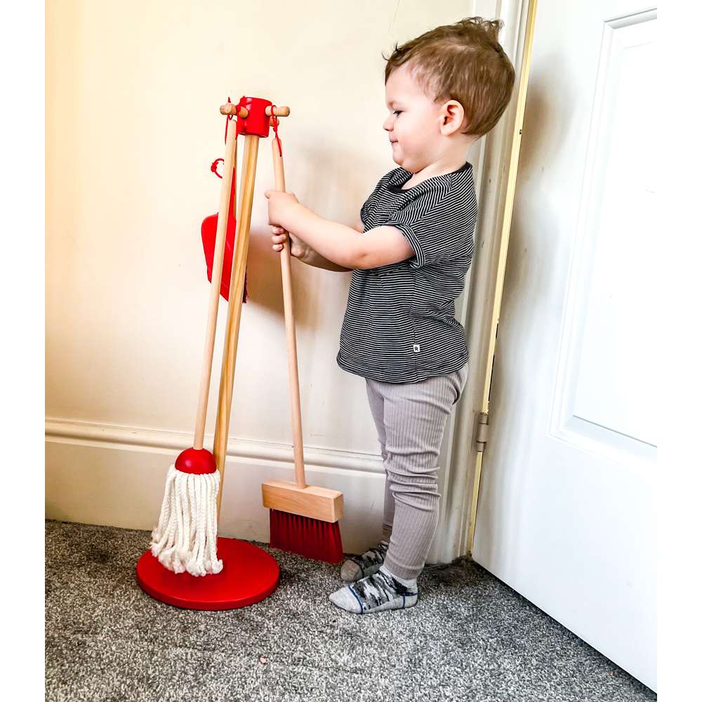 Bigjigs Toys Kids Wooden Cleaning Set Red 5 Pieces include Mop Broom Dustpan Brush and Stand