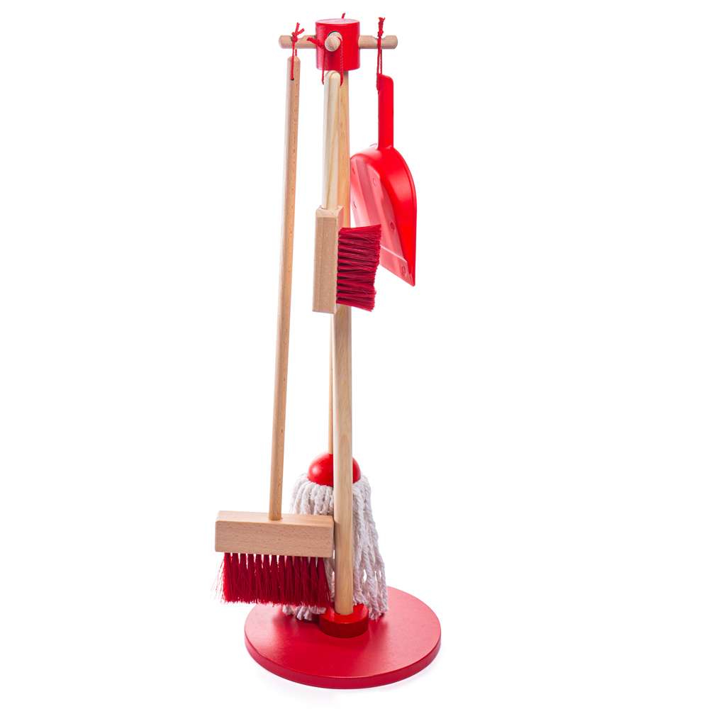 Bigjigs Toys Kids Wooden Cleaning Set Red 5 Pieces include Mop Broom Dustpan Brush and Stand