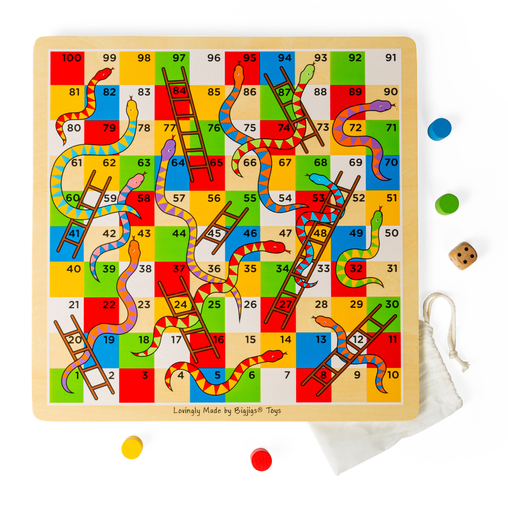 Bigjigs Toys Wooden Snakes and Ladders Traditional Family Board Game for Kids 3 Years Plus