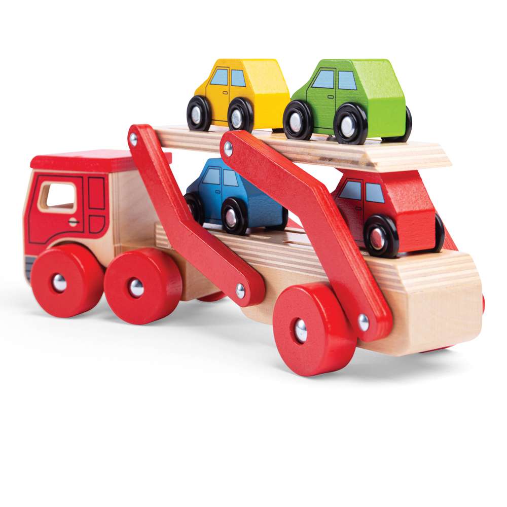 Bigjigs Toys Wooden Transporter Lorry with 4 Cars Toy for 12 Months Plus