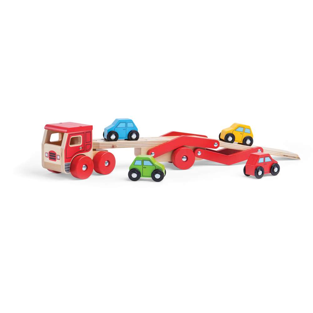 Bigjigs Toys Wooden Transporter Lorry with 4 Cars Toy for 12 Months Plus