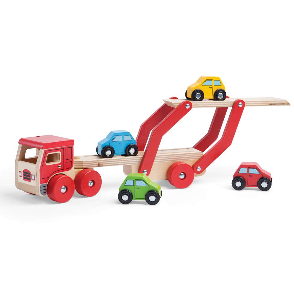 Bigjigs Toys Wooden Transporter Lorry with 4 Cars Toy for 12 Months Plus