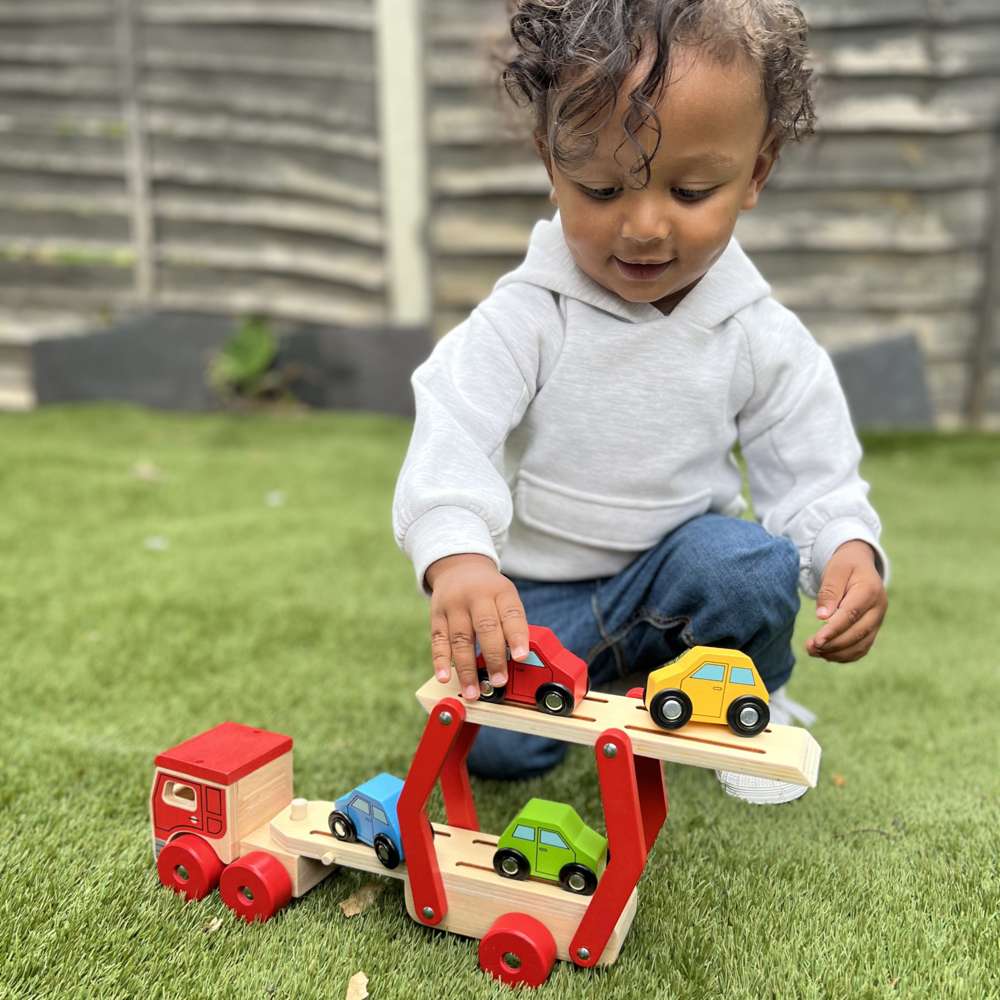Bigjigs Toys Wooden Transporter Lorry with 4 Cars Toy for 12 Months Plus