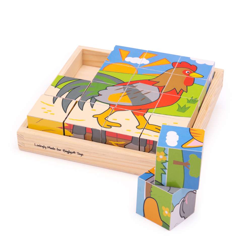 Bigjigs Toys Wooden Cube Puzzle Educational Toy with 16 Pieces and Storage Tray