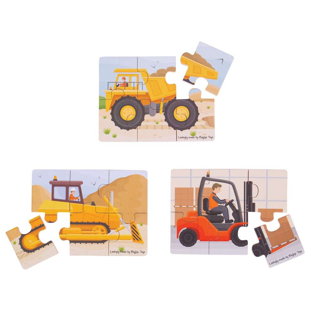Bigjigs Toys Construction Vehicles Wooden Jigsaw Puzzles for Toddlers Set of 3