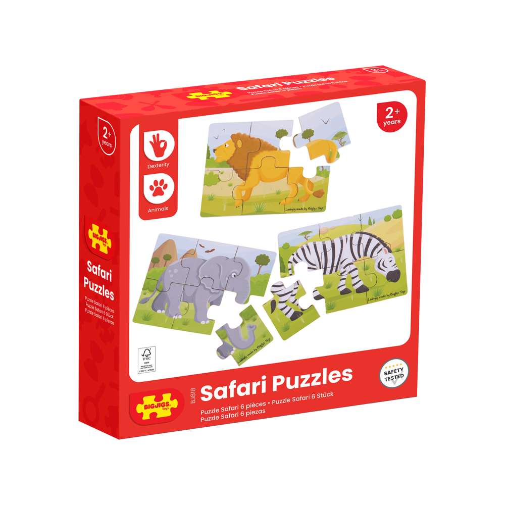 Bigjigs Toys Wooden Safari Animal Puzzles Set of 3 Educational Jigsaw Puzzles for Toddlers